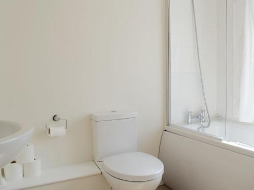 a white bathroom with a toilet and a sink at The Cottage in Ledbury