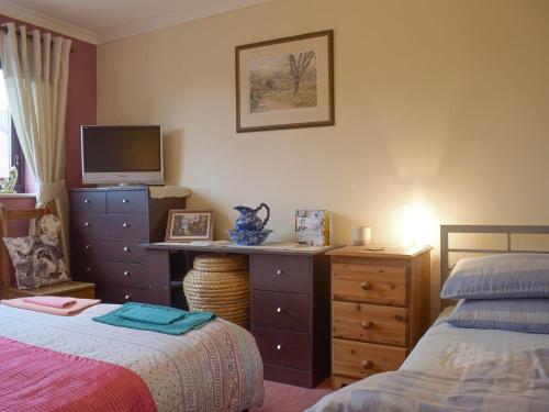 a bedroom with two beds and a dresser with a television at Withybrook Cottage in Hereford