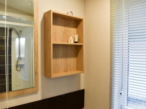 a bathroom with a shower and a sink and a mirror at The Hollies Lodge in Prenteg