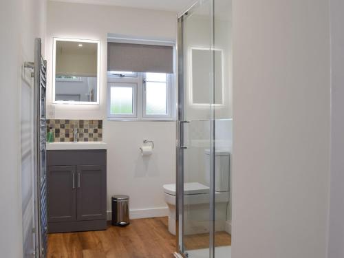 a bathroom with a toilet and a glass shower at Southfield in Steventon