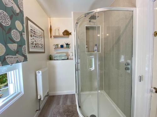 een douche met een glazen deur in de badkamer bij Riverdene in Kingswear