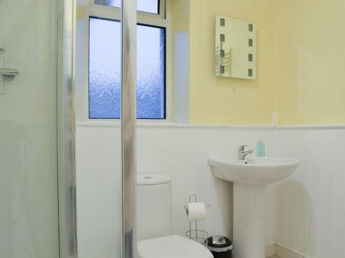 a bathroom with a toilet and a sink and a window at Chartfield in Windermere
