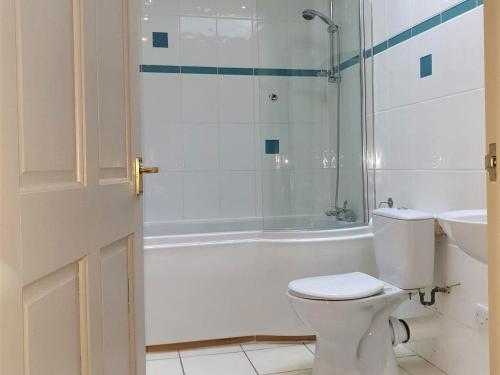 a bathroom with a toilet and a shower and a sink at Stables Cottage in Garton