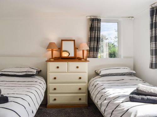 a bedroom with two beds and a dresser with a mirror at Withymead Cottage in Withypool