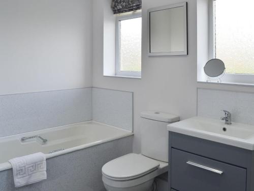 a white bathroom with a toilet and a sink at The Old Creamery in Witheridge