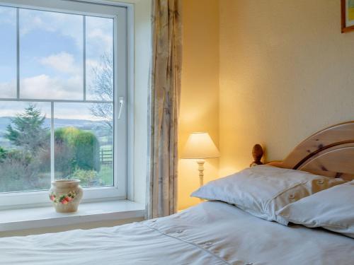 a bedroom with a bed next to a window at Pen Y Crug in Beulah