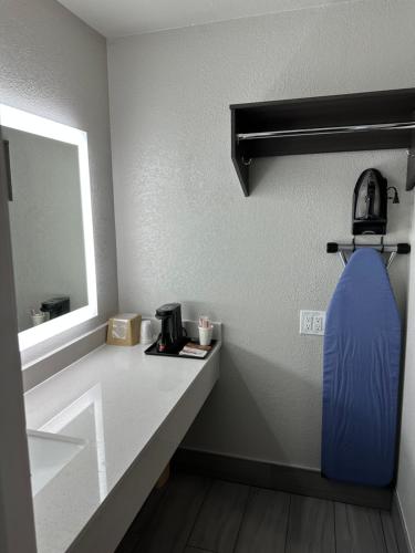 a bathroom with a counter with a sink and a mirror at Sleepy Traveler Motel in Wagoner