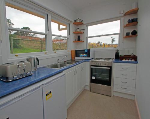 a kitchen with white cabinets and a sink and two windows at Hill Cottage Hahndorf in Hahndorf