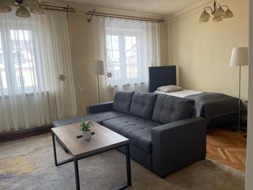 uma sala de estar com um sofá e uma cama em Apartament Lubelski Zamkowy em Lublin
