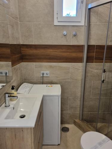 een badkamer met een wastafel, een toilet en een douche bij la Casetta Island village in Adeje