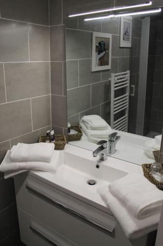 une salle de bain avec un lavabo blanc et un miroir dans l'établissement Logement indépendant très calme dans propriété, à Saint-Loubès