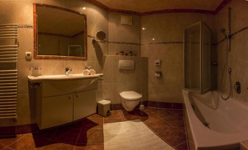 a bathroom with a sink and a toilet and a shower at Appartement Moaeben in Alpbach
