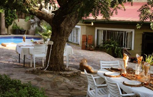 a table with white tables and chairs under a tree at ENCHANTING SELF-CATERING VILLA with QUEEN BED AT BOKMAKIERIE VILLAS in Windhoek