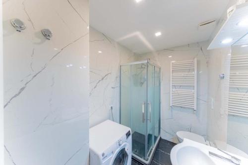 y baño con ducha, aseo y lavamanos. en Comfy appartment near Metro M3 - WIFI, en Milán