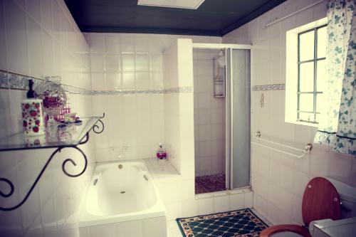 a bathroom with a tub and a toilet and a shower at The Cottage in Rustenburg