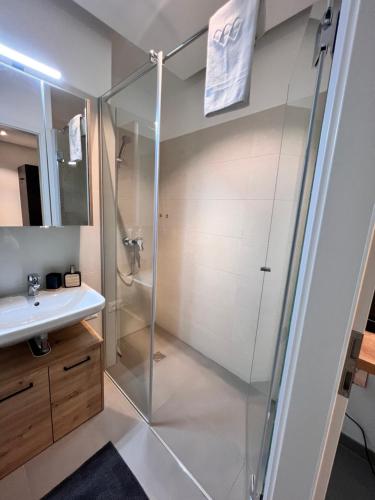 uma casa de banho com um chuveiro e um lavatório. em modern flat vienna with two rooms em Viena