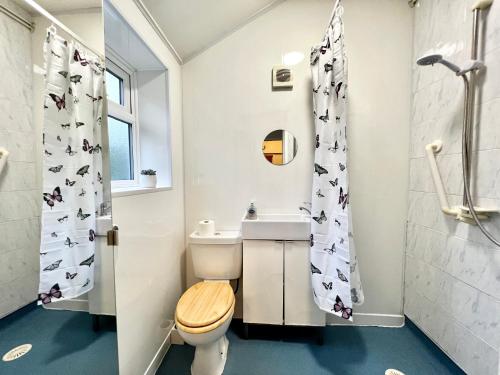 a bathroom with a toilet and a shower curtain with bats on it at The secret garden house in Lincolnshire