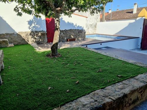 a yard with a tree and a swimming pool at Casa 3 Meadas in Póvoa e Meadas