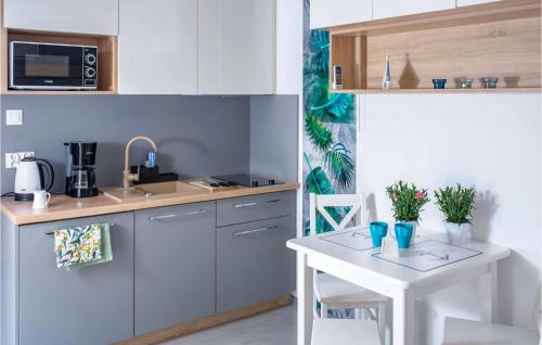 eine Küche mit einem weißen Tisch und einer weißen Arbeitsplatte in der Unterkunft Nice Home In Jezierzany With Sauna in Jezierzany