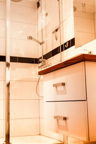a bathroom with a shower and a sink at Belle vue in Malmedy