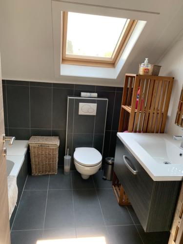 a bathroom with a toilet and a sink and a window at Fully furnished house, wifi, garage 