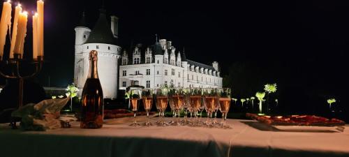 einen Tisch mit einer Flasche Wein und ein Schloss in der Unterkunft La CASITA in Bléré