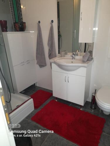La salle de bains est pourvue d'un lavabo blanc et d'un tapis rouge. dans l'établissement Emi2, à Crikvenica