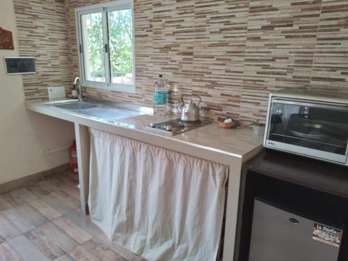 a kitchen with a sink and a microwave at Cabañas La Fortaleza in La Caldera