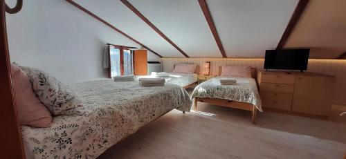 a bedroom with two beds and a couch and a tv at Casetta all'Abetone Jacopo e Sabrina in Abetone