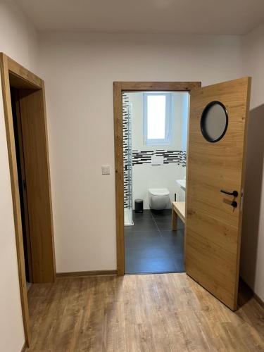 a bathroom with a toilet and a door with a mirror at Prázdninový dům Na Rajčurně in Velké Bílovice