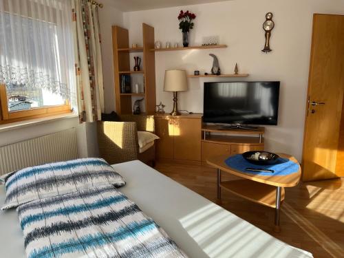 a living room with a couch and a flat screen tv at Ferienwohnung Streng in Faggen