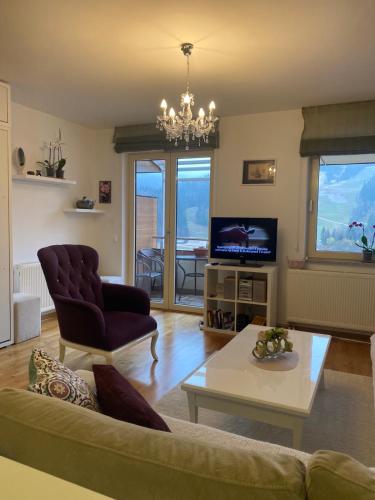 a living room with a couch and a tv at Apartment Pine in Bjelašnica