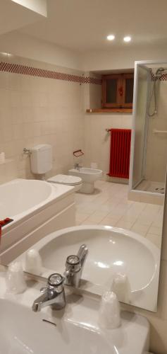 a white bathroom with a sink and a toilet at L'Albore in Costigliole Saluzzo