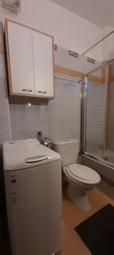 a bathroom with a toilet and a sink and a shower at Apartment Iliada in Litochoro