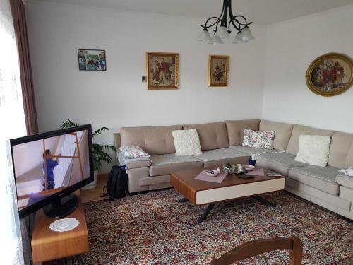 sala de estar con sofá y TV en Visoko Homestay, en Visoko