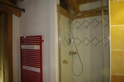 y baño con ducha y persianas rojas. en La Casa Altrui - Loft incantevole, open space, en Coredo