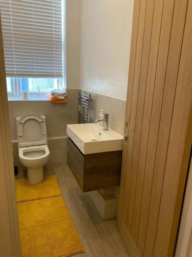 a bathroom with a toilet and a sink and a window at Model 2bedrooms flat London. in Woolwich