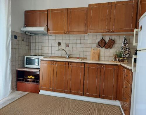 a kitchen with wooden cabinets and a microwave at Fori's Nest / SKG in Thessaloniki