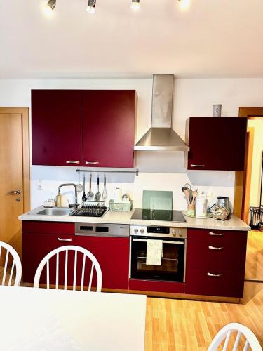 a kitchen with red cabinets and a stove top oven at Sternenhimmel Gamlitz FeWo 3 SZ in Gamlitz