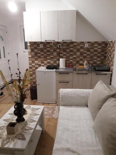 a living room with a couch and a kitchen at Holiday home BOŽUR in Kolašin