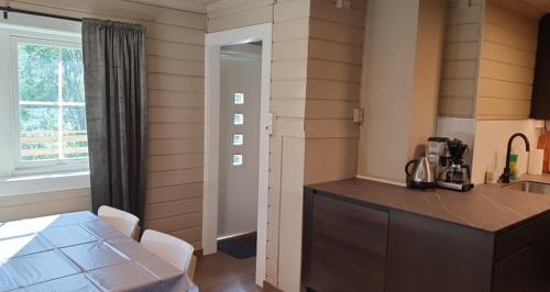 希博騰的住宿－Strandbu Camping，厨房配有柜台、桌子和窗户