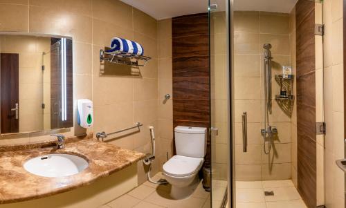杜拉艾列拉巴斯的住宿－Indium Villas Durrat Al Arus for families only，浴室配有卫生间、盥洗盆和淋浴。
