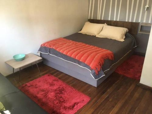 1 dormitorio con 1 cama con manta roja en Departamento, Barrio Bellavista, en Santiago