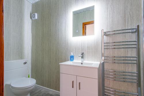 a bathroom with a sink and a toilet and a mirror at Beachcliffe Lodge Apartments in Blackpool