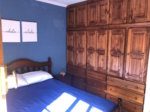 a blue bedroom with a bed and wooden cabinets at Casa en Tandil in Tandil