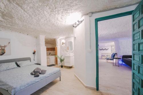 1 dormitorio con 1 cama y puerta grande en PRECIOSA CASA-CUEVA CON JACUZZI, en Paterna