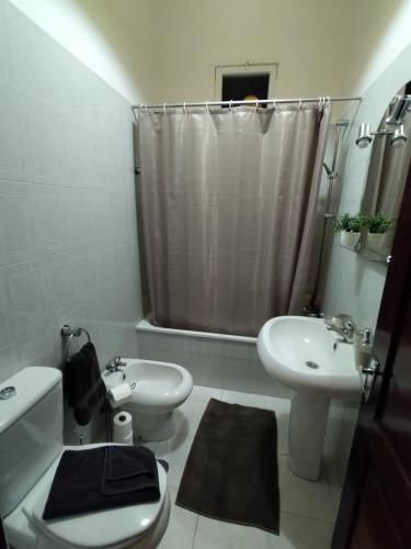uma casa de banho com um lavatório, um WC e um chuveiro em Bus Stop House em Funchal