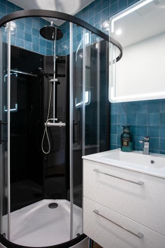 une salle de bain avec une douche en verre et un lavabo dans l'établissement Appartement Les Jardins de Jules Verne - Côté Mer, à Amiens