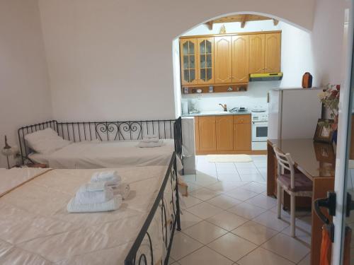 a kitchen and a living room with two beds at Rosemary House in Sarandë