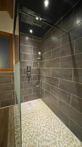 une douche avec une porte vitrée dans une salle de bain dans l'établissement Villa au milieu des pins / bord du lac, à Biscarrosse